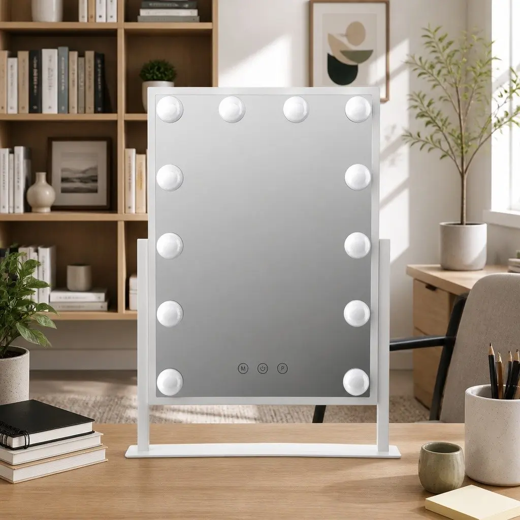 Makeup Mirror LED Light 30x41cm Tabletop White Metal Frame