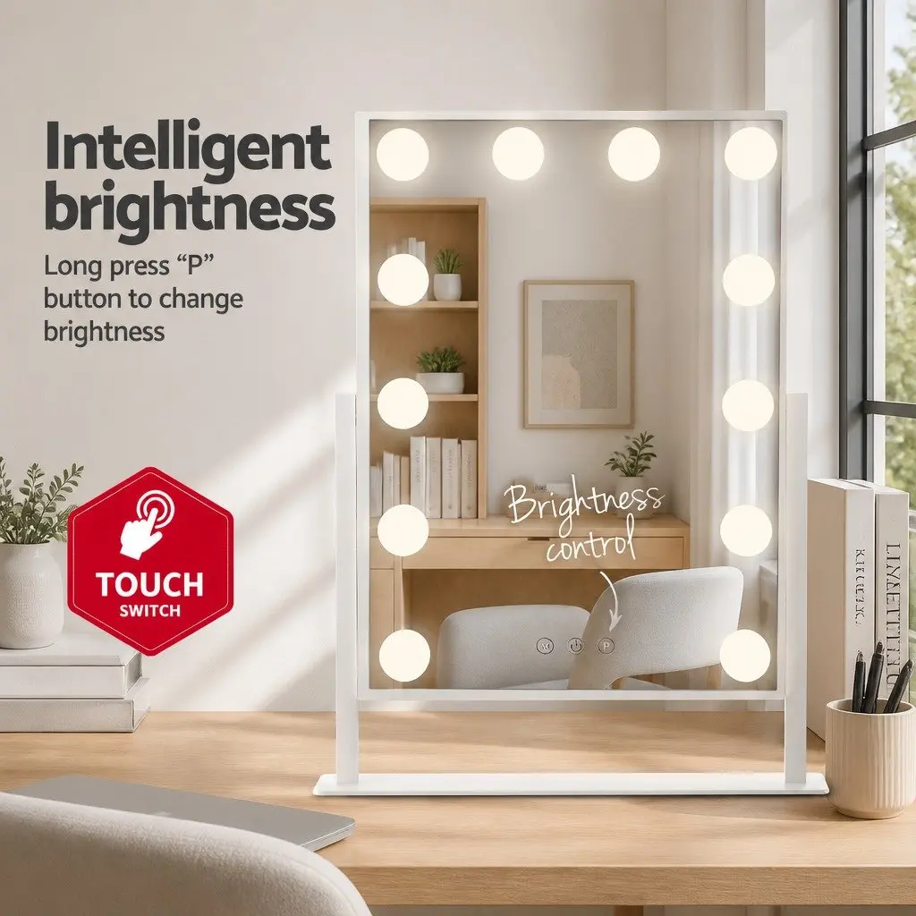 Makeup Mirror LED Light 30x41cm Tabletop White Metal Frame