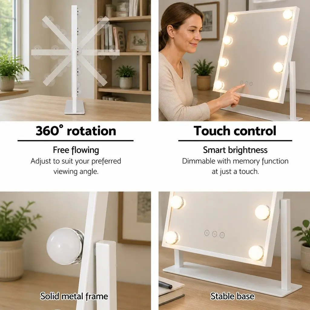 Makeup Mirror LED Light 30x41cm Tabletop White Metal Frame