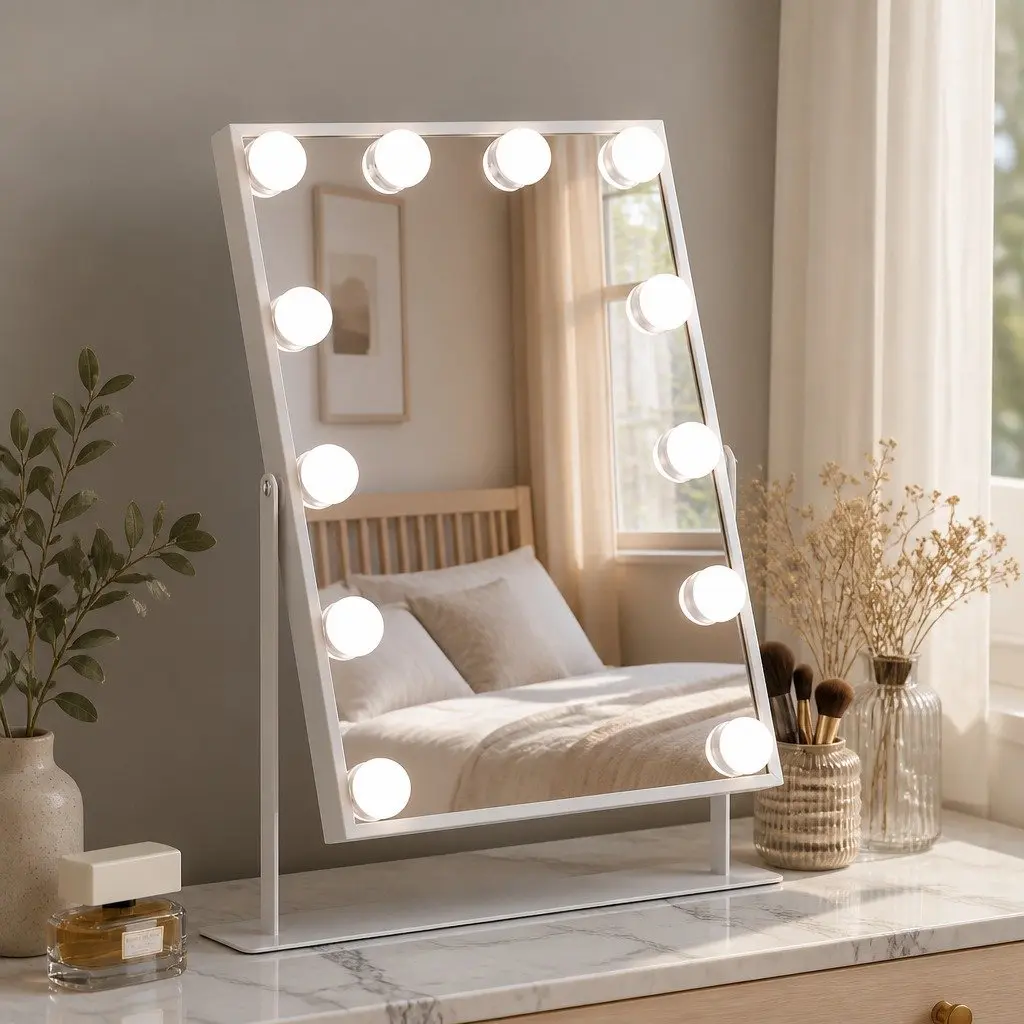 Makeup Mirror LED Lighted 30x40cm White Bluetooth Tabletop