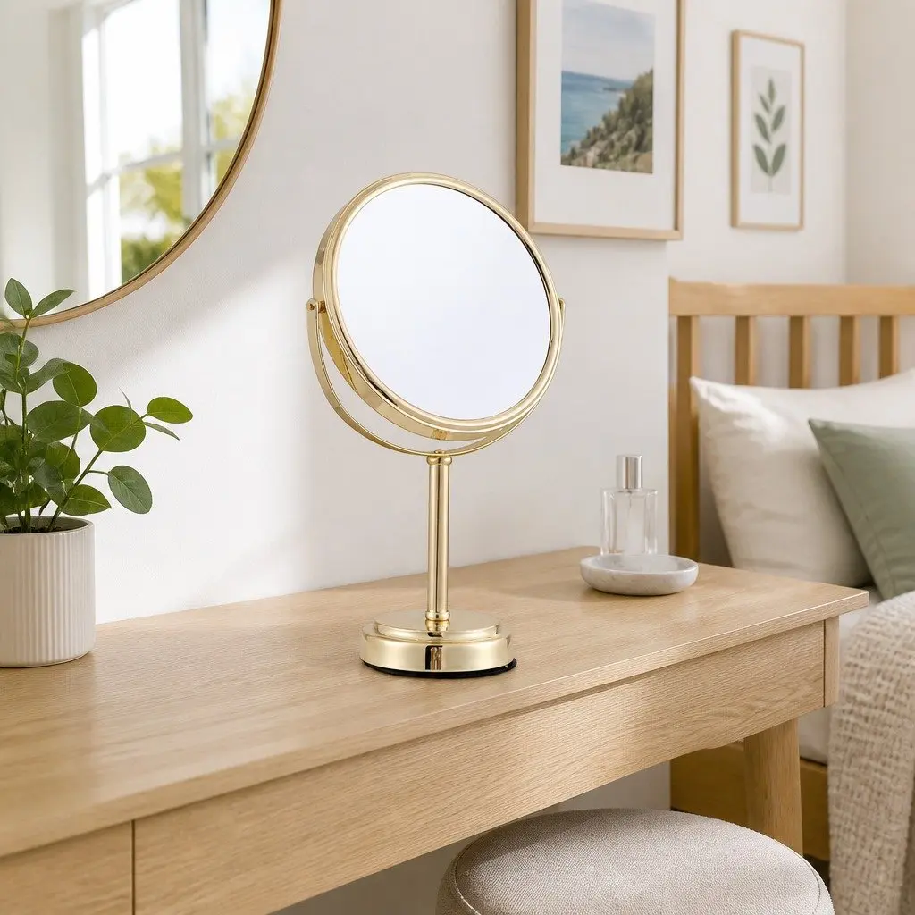 Makeup Mirror Metal Frame Glass 20x20cm Dual-Sided 1X 5X Magnification 360 Rotation Gold