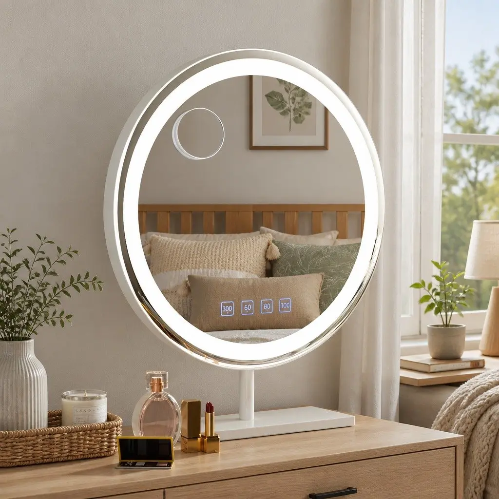 Makeup Mirror Metal Frame 49x28cm Tabletop Vanity with LED Light Touch Controls Bluetooth