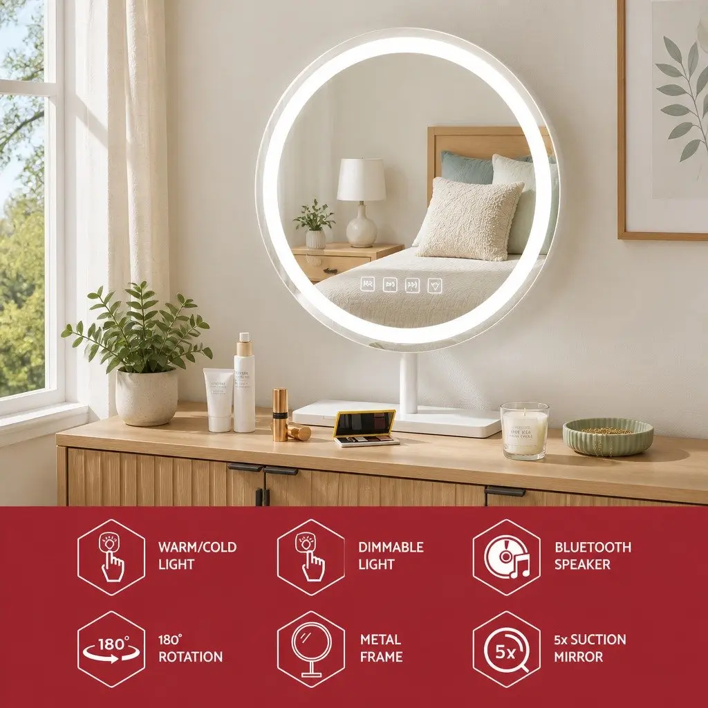 Makeup Mirror Metal Frame 49x28cm Tabletop Vanity with LED Light Touch Controls Bluetooth