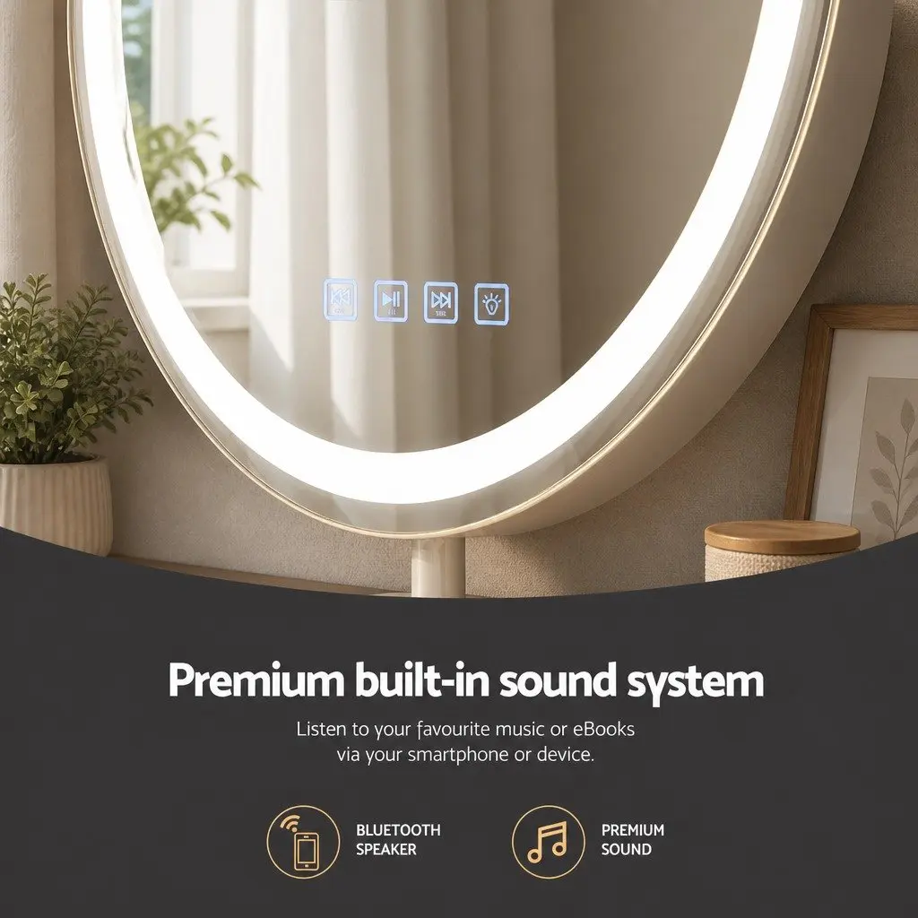 Makeup Mirror Metal Frame 49x28cm Tabletop Vanity with LED Light Touch Controls Bluetooth