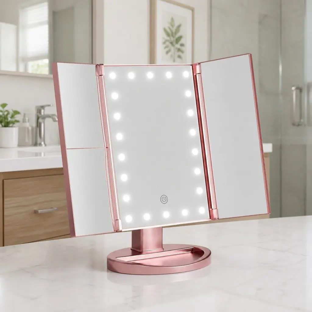 Tri-fold Makeup Mirror LED Light 1X 2X 3X Magnifying Rose Gold ABS Glass Unfolded Size 34.5cm x 12.5cm x 29.5cm Folded Size 17cm x 12.5cm x 29.5cm