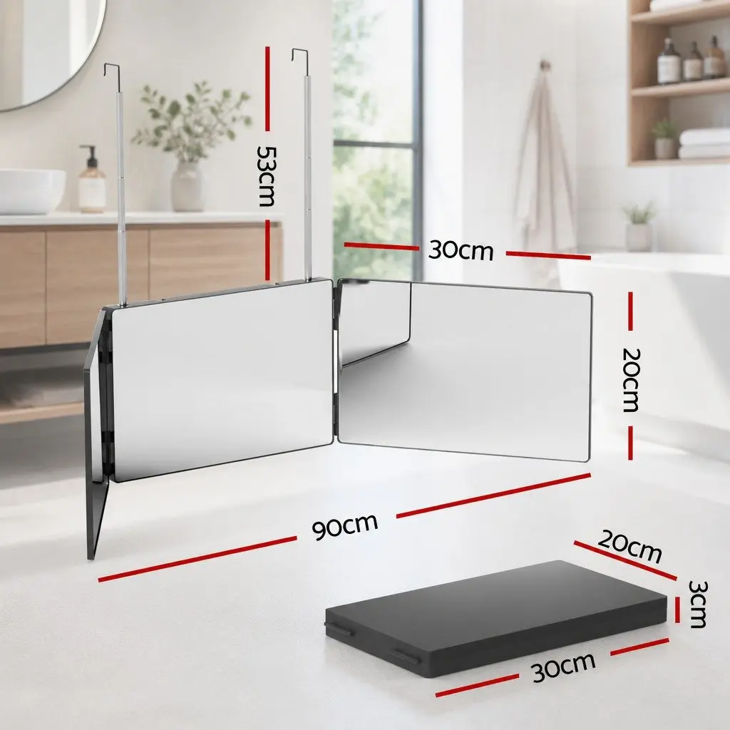 Three Way Makeup Mirror Portable Foldable Glass 90cm x 20cm Black