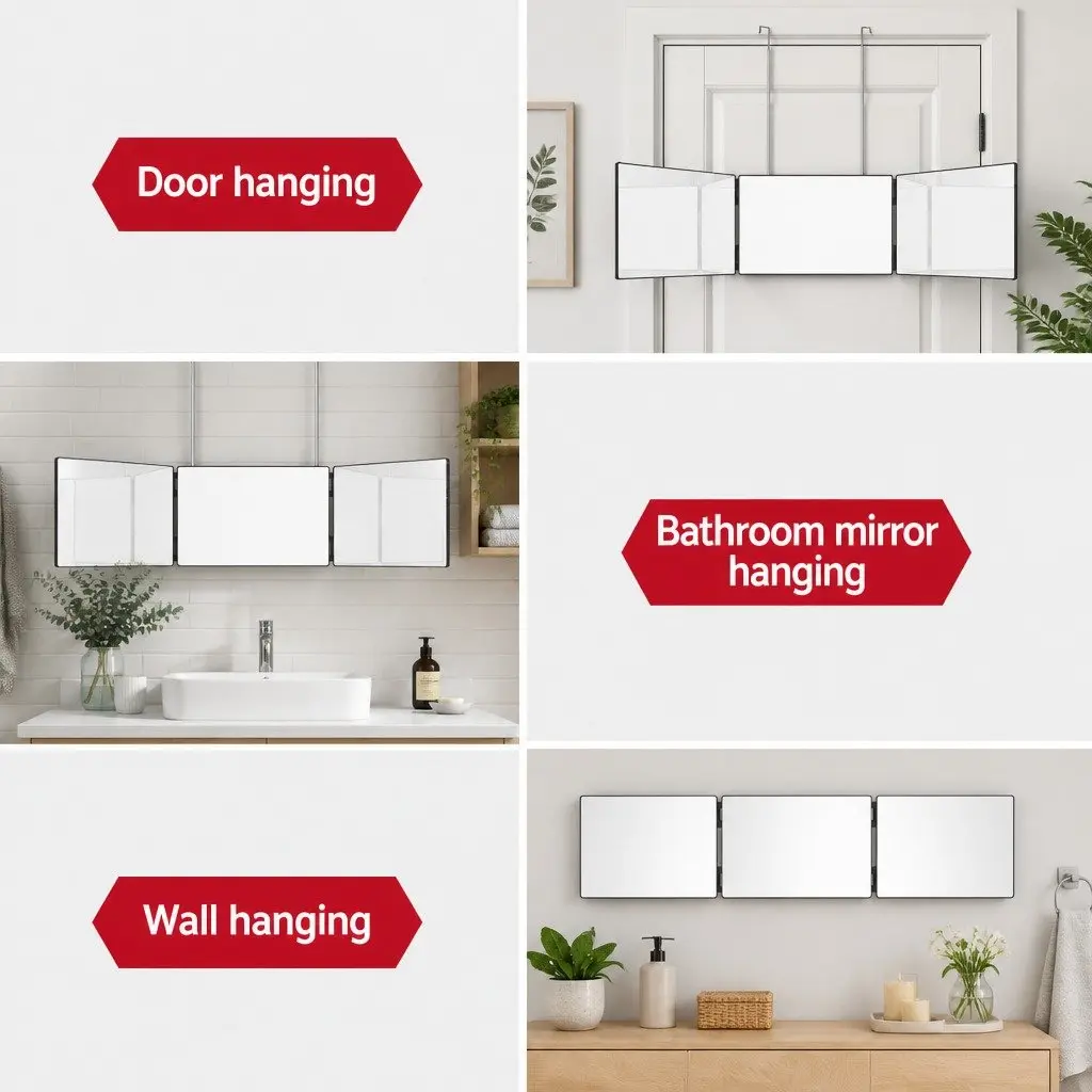 Three Way Makeup Mirror Portable Foldable Glass 90cm x 20cm Black