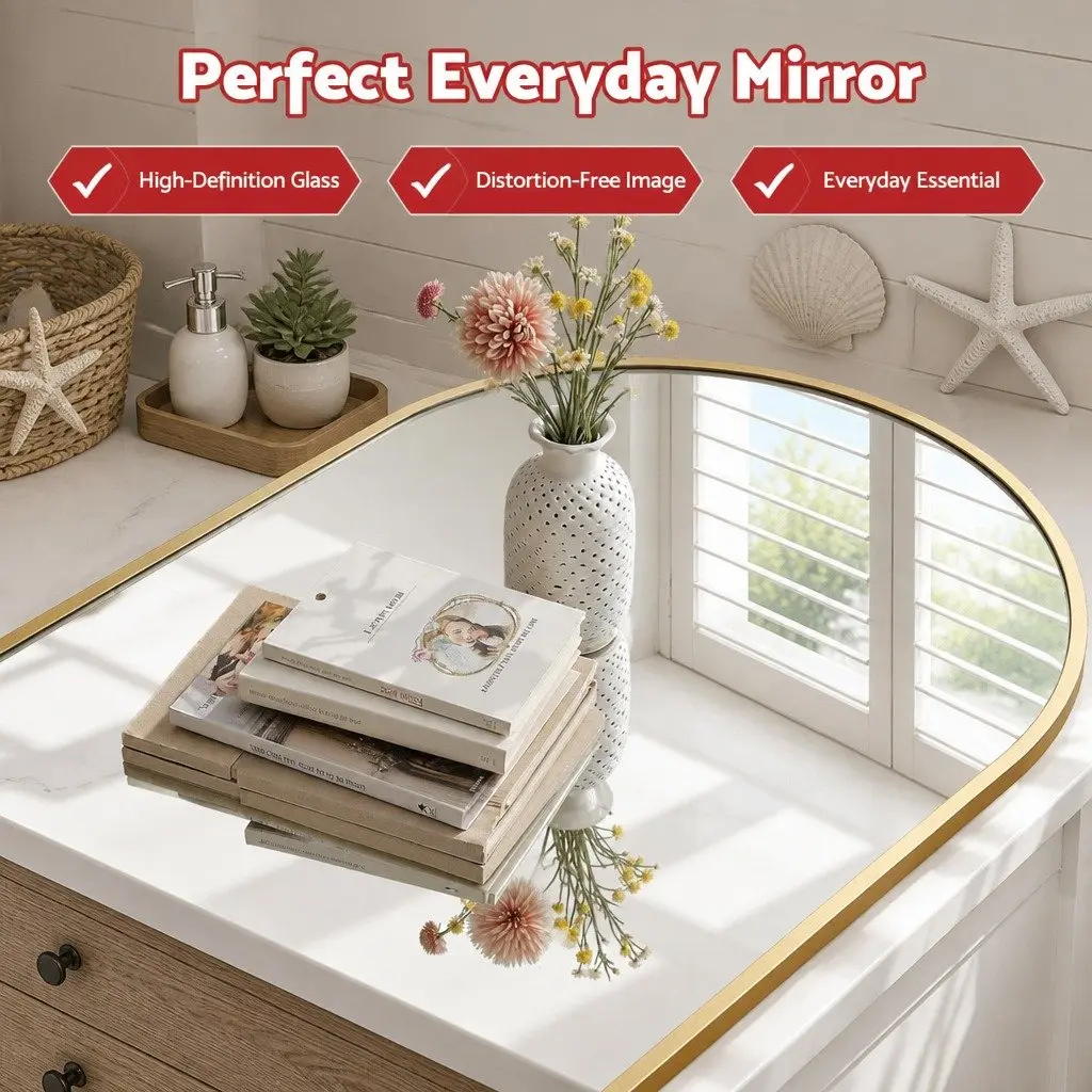 Arched Wall Mirror Aluminium 86x50cm Gold Frame Bathroom Decor Accent Piece