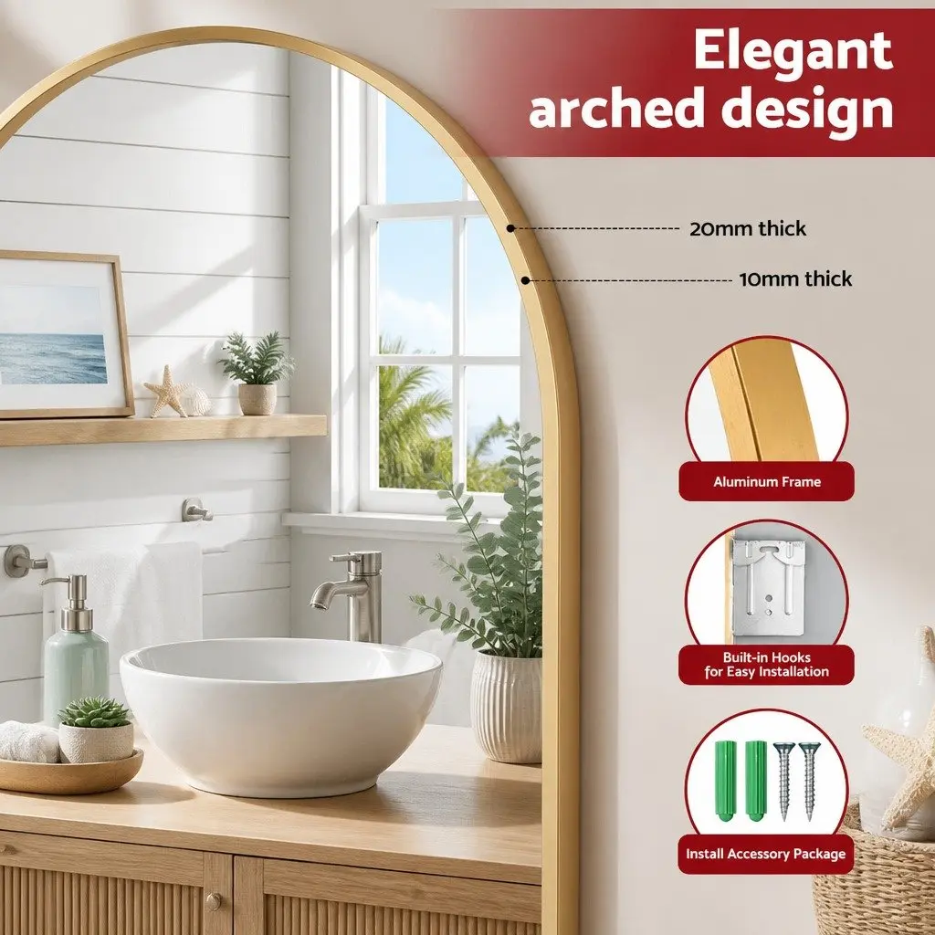 Arched Wall Mirror Aluminium 86x50cm Gold Frame Bathroom Decor Accent Piece