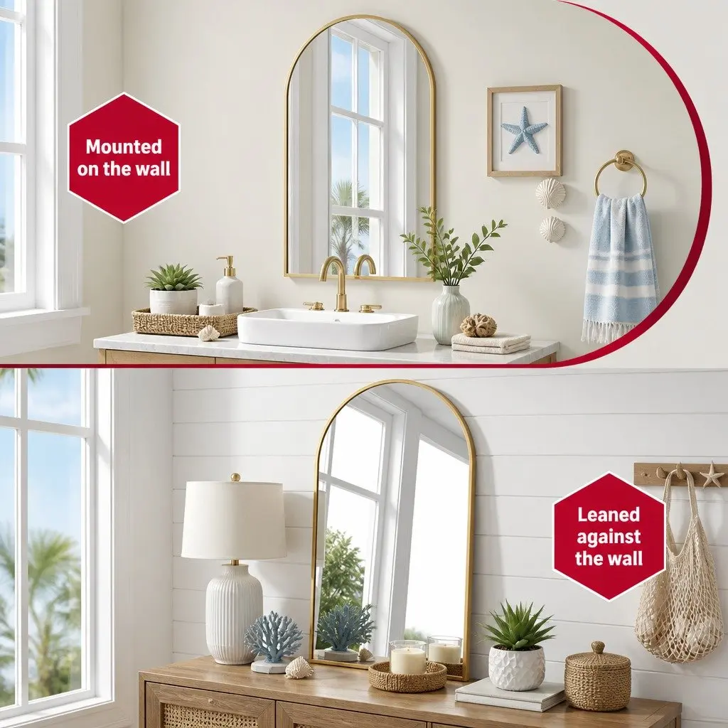 Arched Wall Mirror Aluminium 86x50cm Gold Frame Bathroom Decor Accent Piece