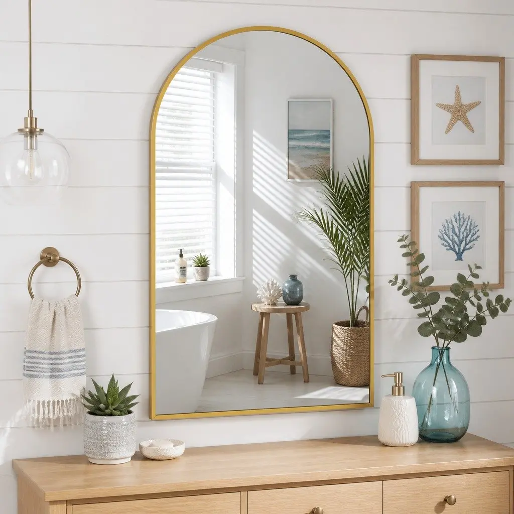 Arched Wall Mirror Aluminium 86x50cm Gold Frame Bathroom Decor Accent Piece