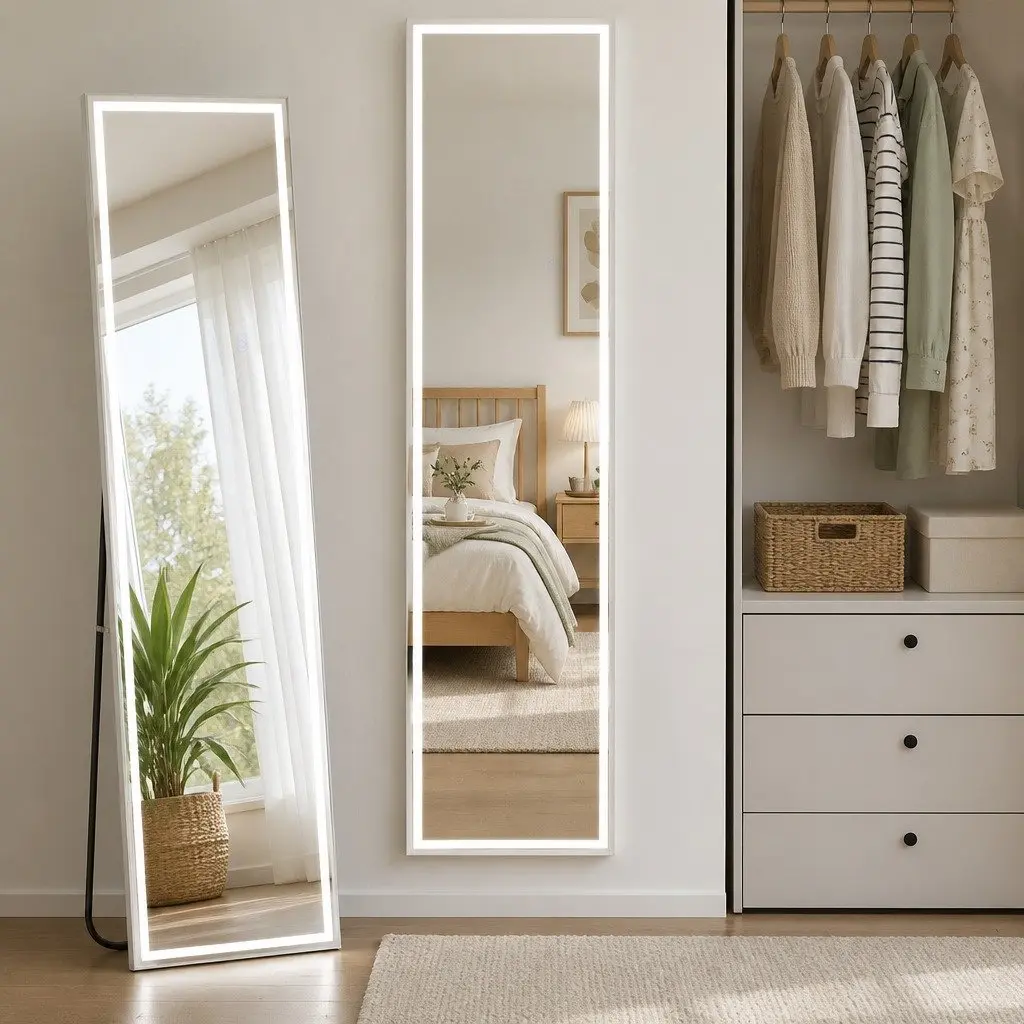 Full-Length LED Mirror Adjustable Brightness Colour Temperature Aluminium Alloy Frame 160cm H 40cm W Transparent