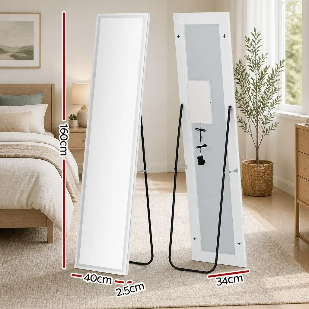Full-Length LED Mirror Adjustable Brightness Colour Temperature Aluminium Alloy Frame 160cm H 40cm W Transparent