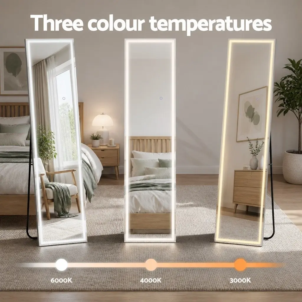 Full-Length LED Mirror Adjustable Brightness Colour Temperature Aluminium Alloy Frame 160cm H 40cm W Transparent