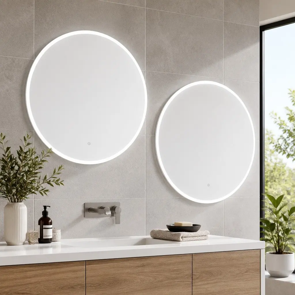 LED Bathroom Mirror Round 80cm Anti-Fog Wall Mounted with Touch Control Brightness Adjustment Transparent