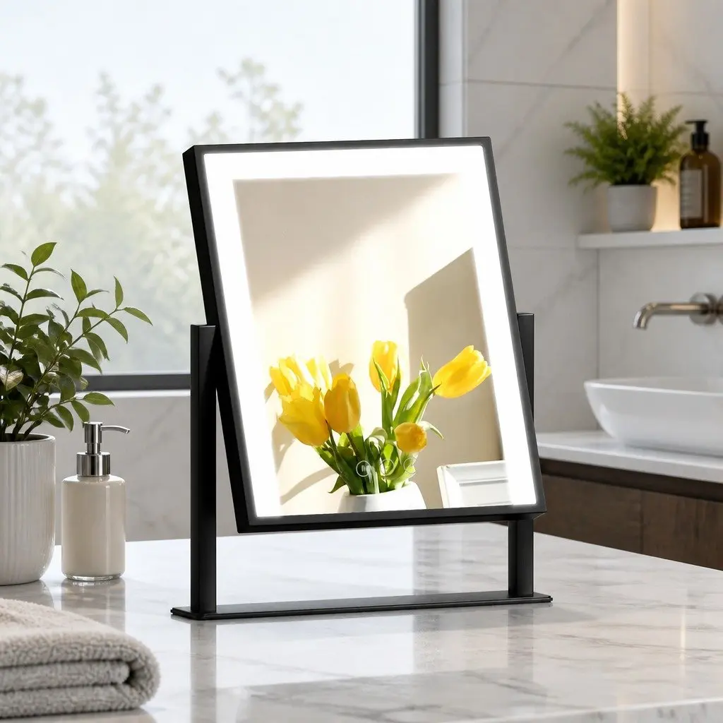 Makeup Mirror LED Light Touch Control 25x30cm Black Slim Frame 360° Rotatable