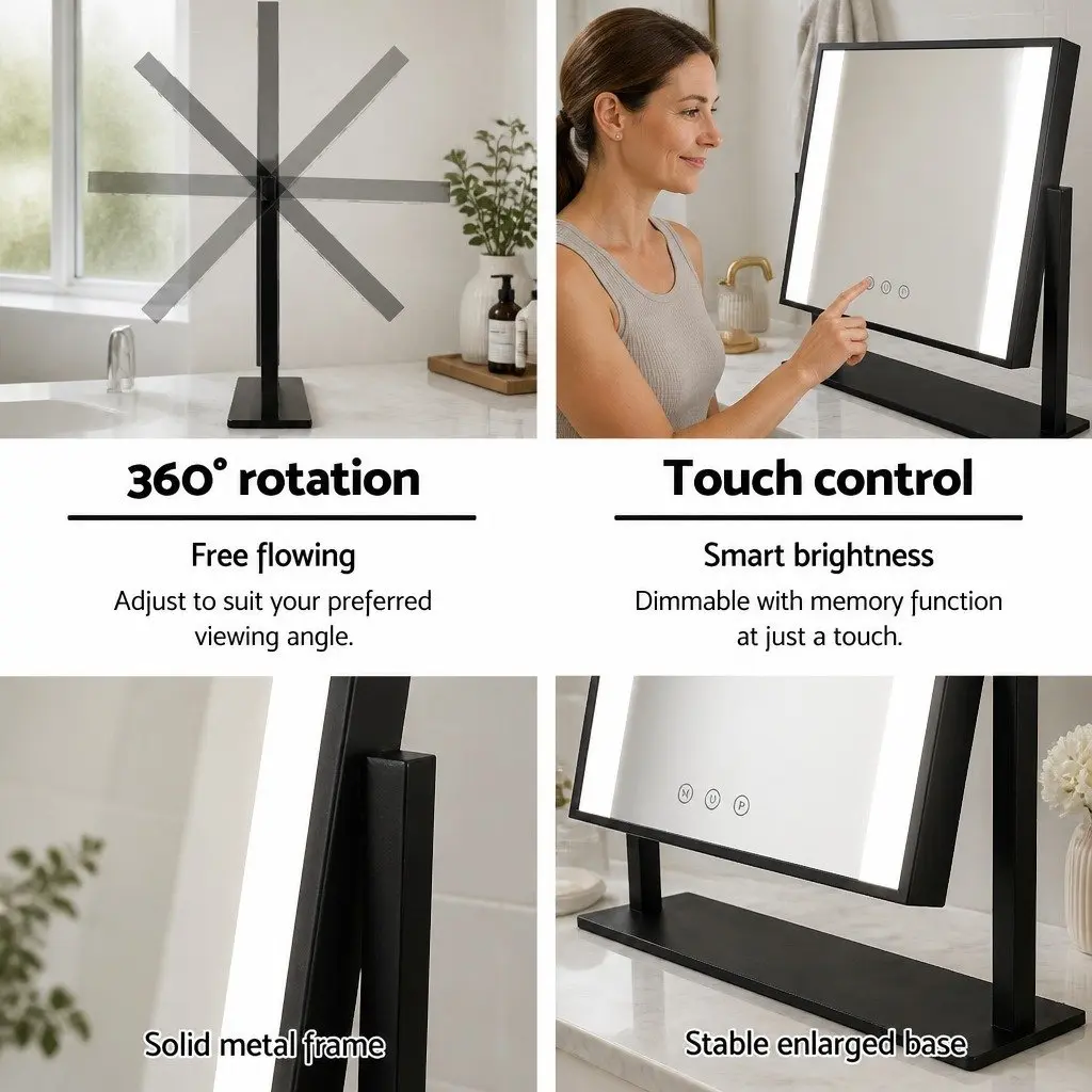 Makeup Mirror LED Light Touch Control 25x30cm Black Slim Frame 360° Rotatable