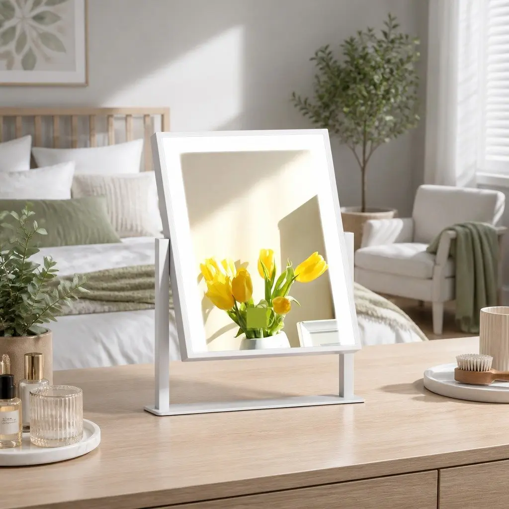 Standing Makeup Mirror LED Light 25x30cm Frameless Touch Control White