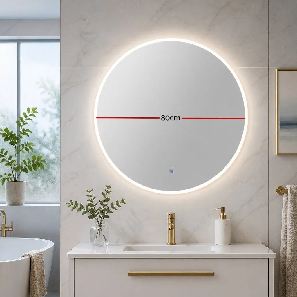 Round Wall Mirror LED Light 80cm White Anti-Fog Touch Control Bathroom Vanity Decor