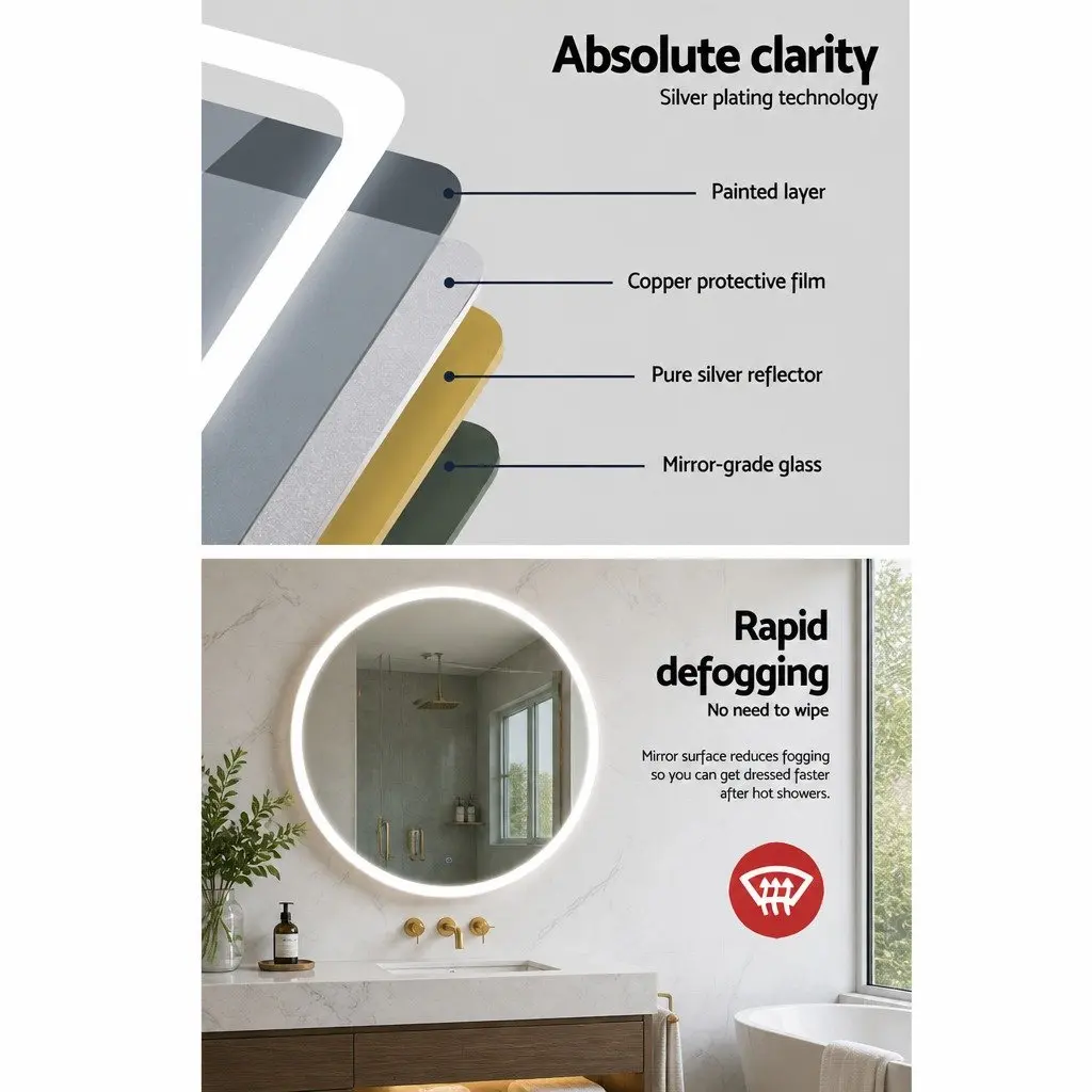Round Wall Mirror LED Light 80cm White Anti-Fog Touch Control Bathroom Vanity Decor