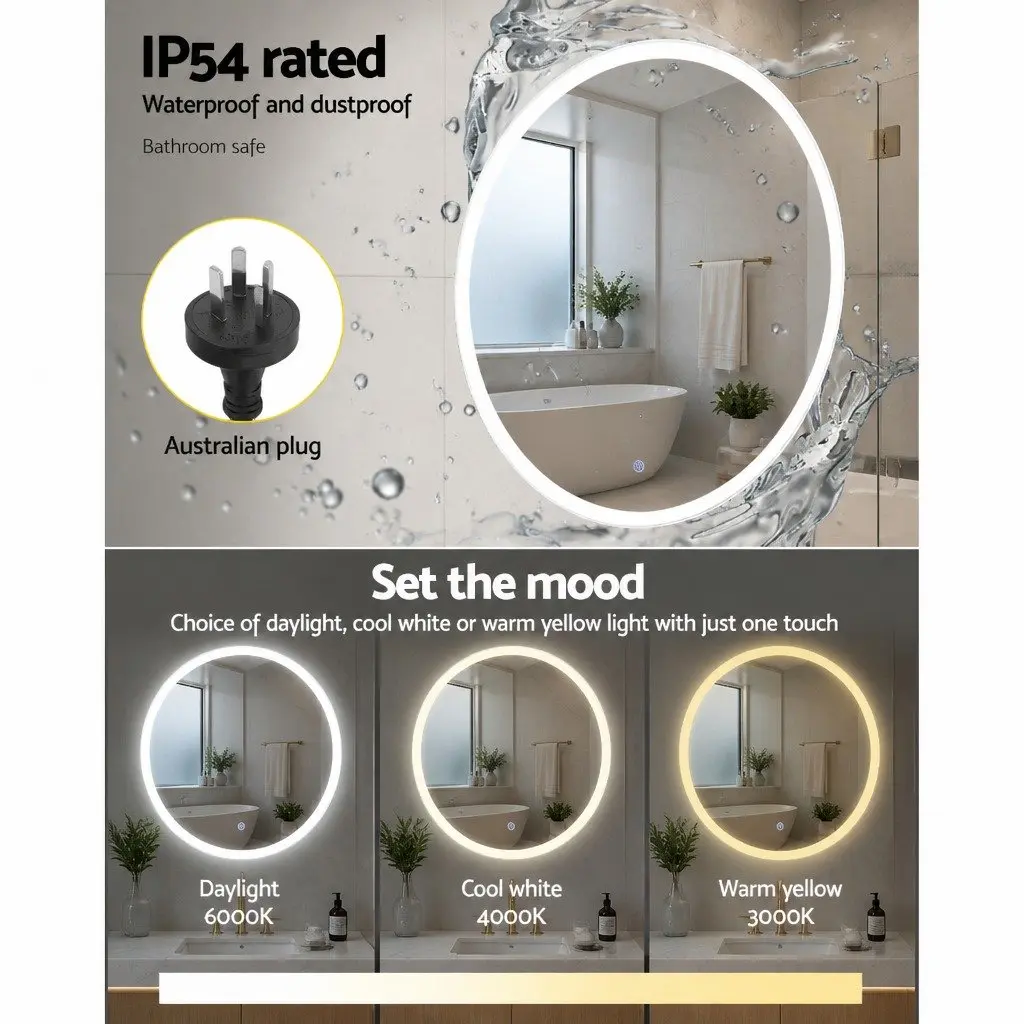Round Wall Mirror LED Light 80cm White Anti-Fog Touch Control Bathroom Vanity Decor