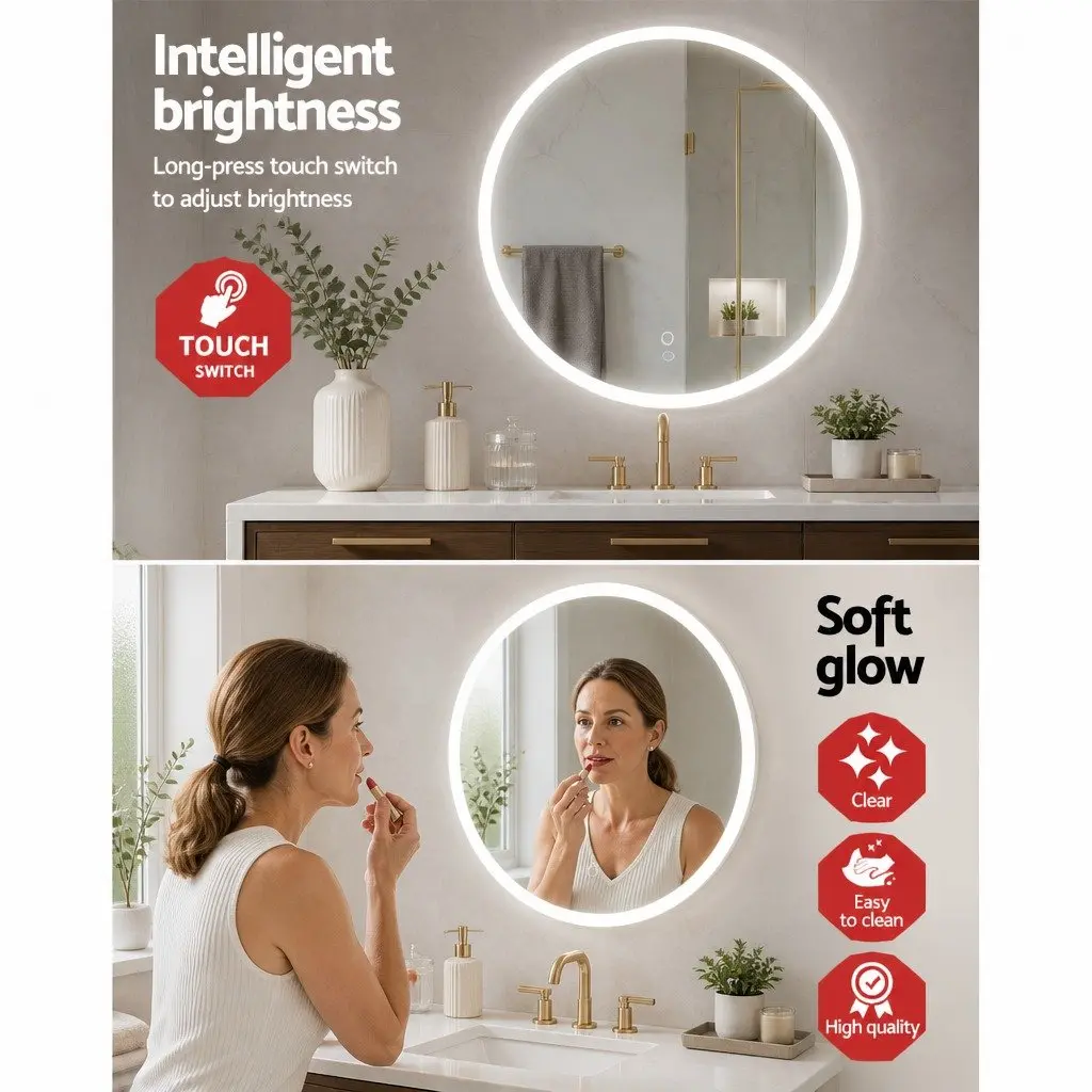 Round Wall Mirror LED Light 80cm White Anti-Fog Touch Control Bathroom Vanity Decor