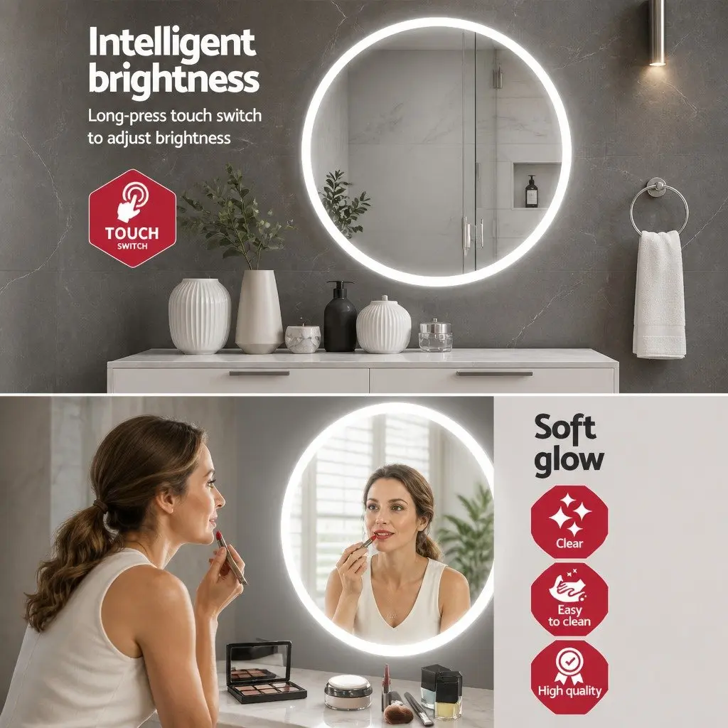 Round LED Wall Mirror 90cm Bathroom Vanity Light Makeup Home Decor White