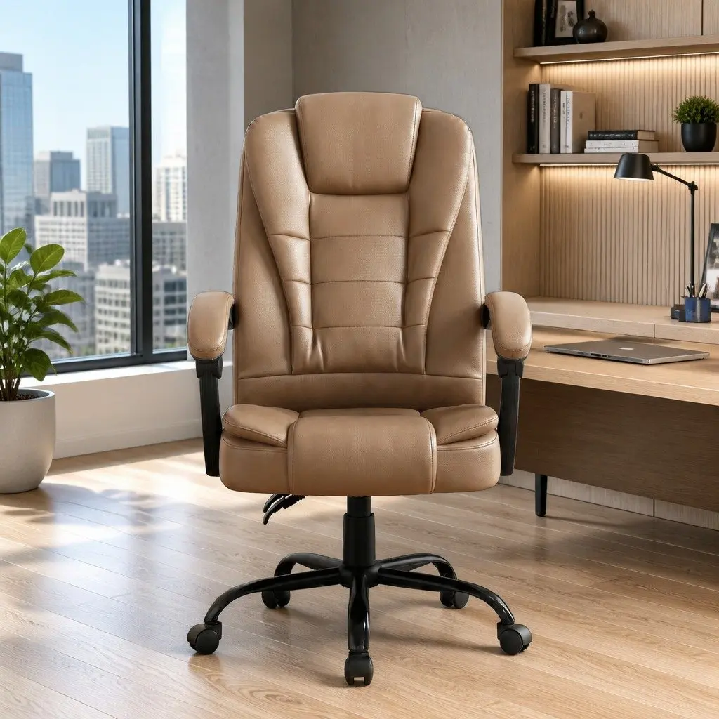 Executive Massage Chair PU Leather High Back Espresso Ergonomic Adjustable Recline with Two Zone Vibration Massage for Office Use