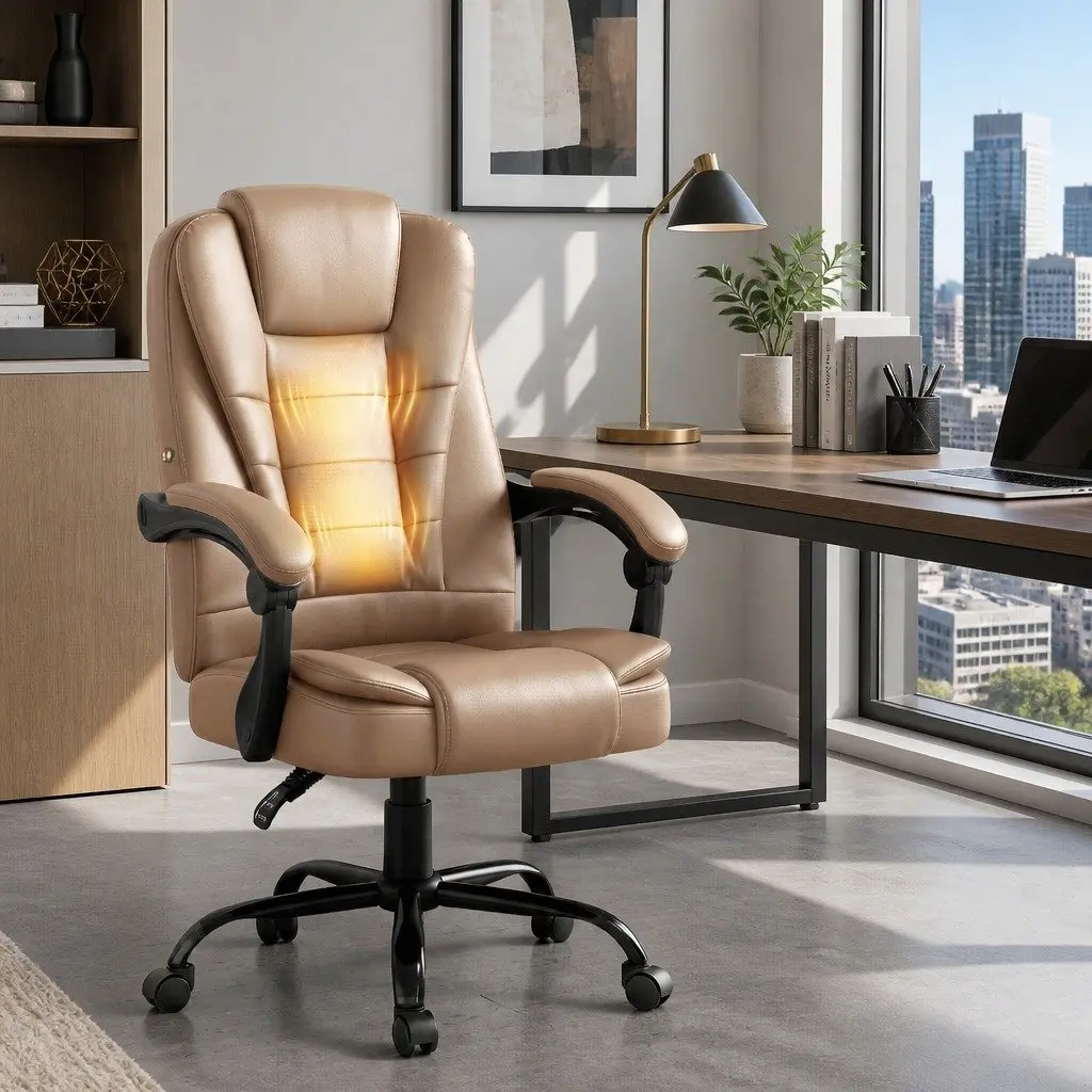 Executive Massage Chair PU Leather High Back Espresso Ergonomic Adjustable Recline with Two Zone Vibration Massage for Office Use