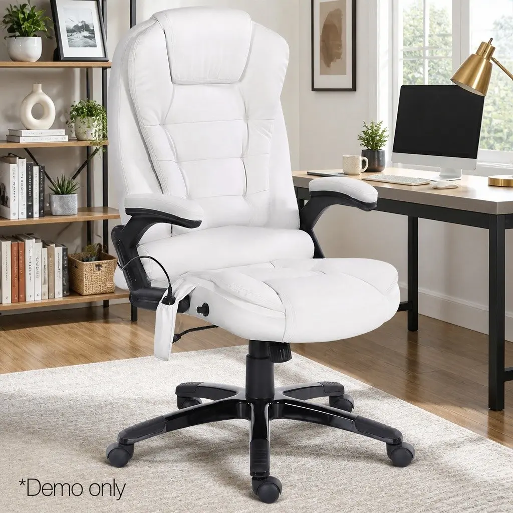 Massage Chair PU Leather High Back White 8 Point Heated Seat Recliner