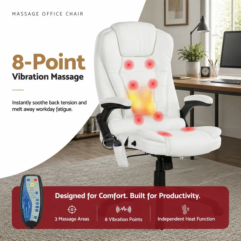 Massage Chair PU Leather High Back White 8 Point Heated Seat Recliner