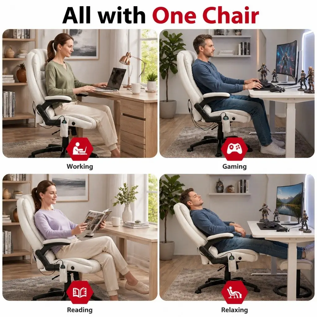 Massage Chair PU Leather High Back White 8 Point Heated Seat Recliner