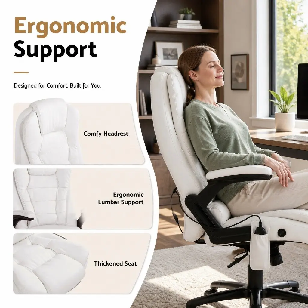 Massage Chair PU Leather High Back White 8 Point Heated Seat Recliner