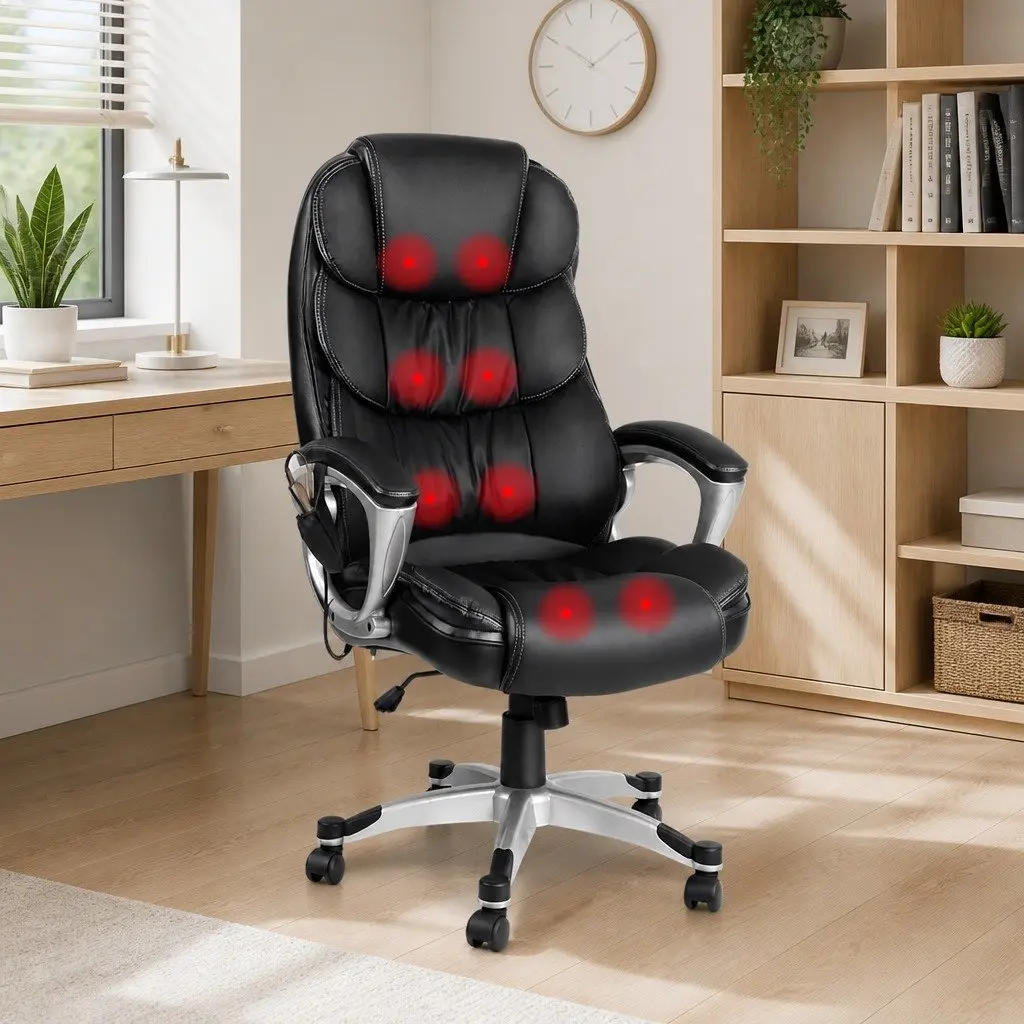 Massage Office Chair 8 Point Heated Seat Executive High Back Black PU Leather