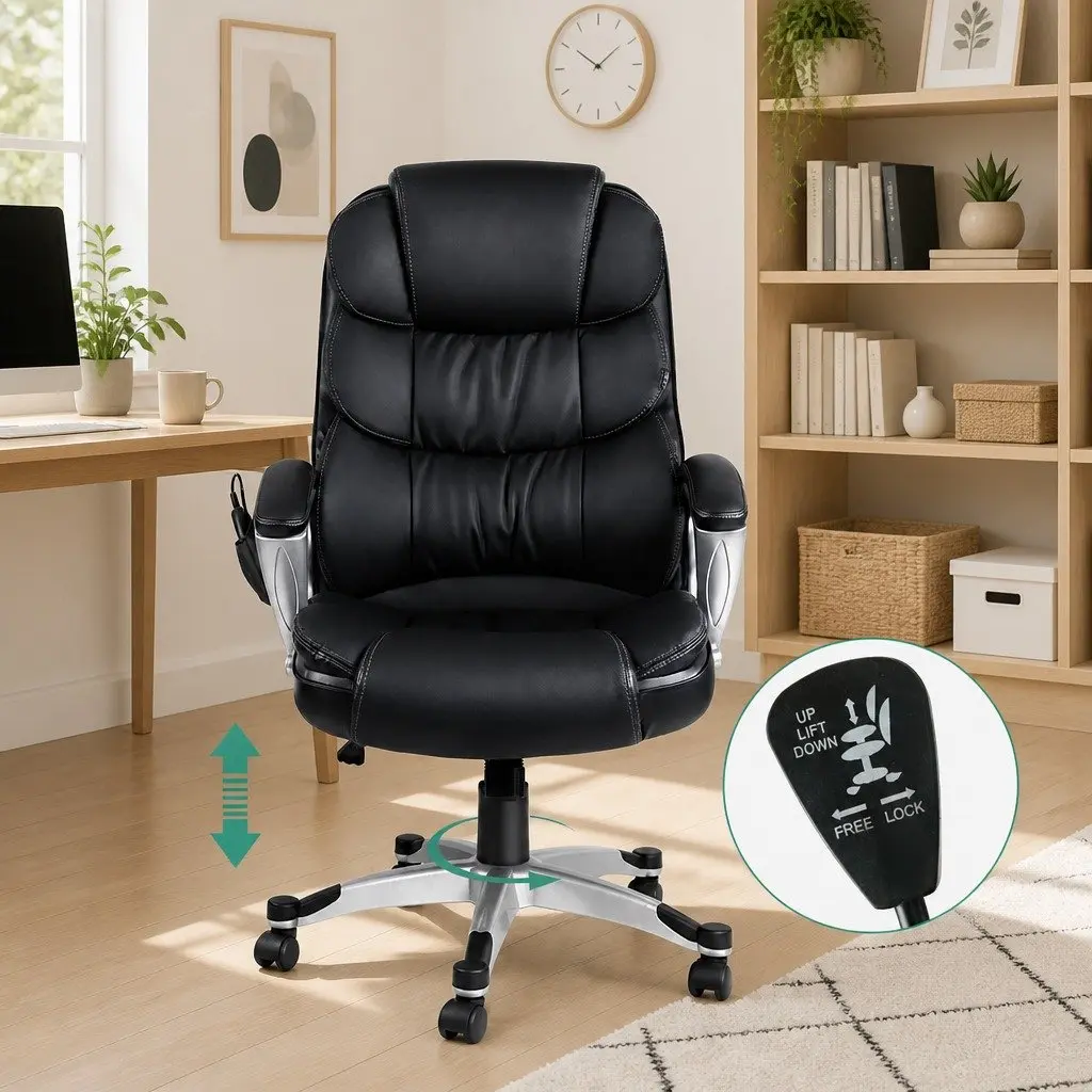 Massage Office Chair 8 Point Heated Seat Executive High Back Black PU Leather