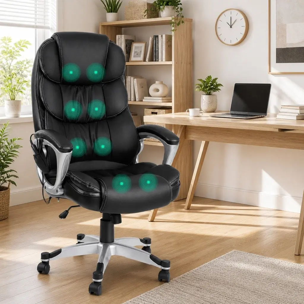 Massage Office Chair 8 Point Heated Seat Executive High Back Black PU Leather