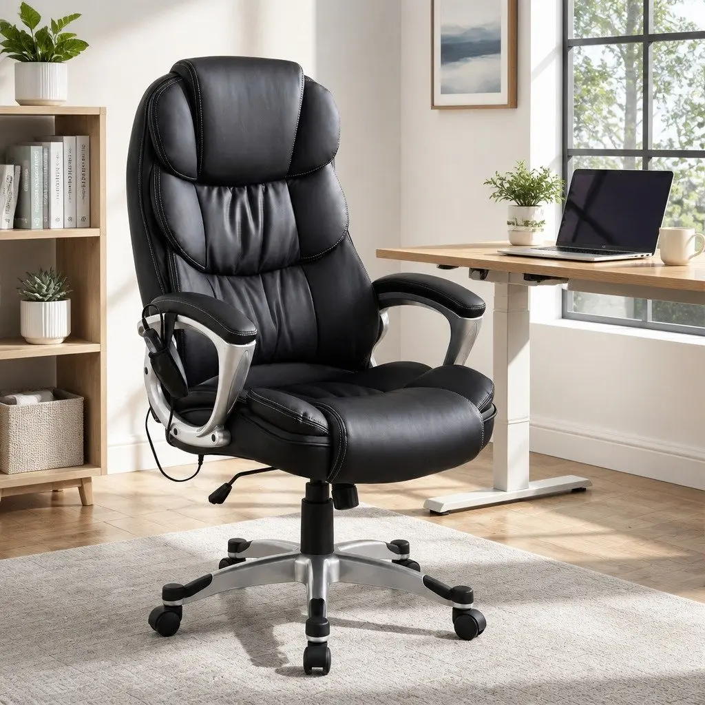 Massage Office Chair 8 Point Heated Seat Executive High Back Black PU Leather