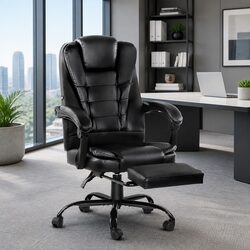 Massage Office Chair 2-Zone Black PU Leather Recliner with Footrest Adjustable