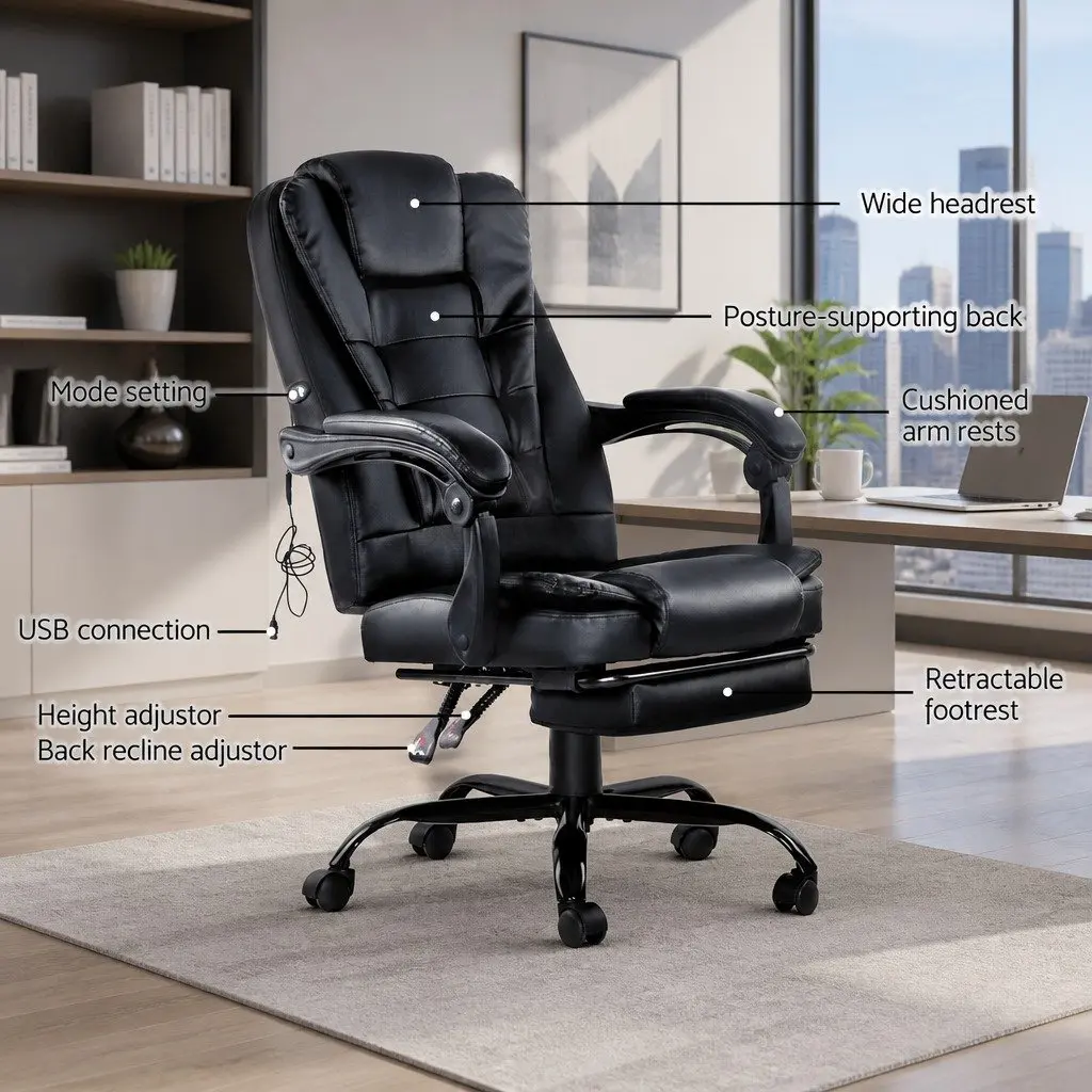 Massage Chair PU Leather Adjustable Recliner 2-Zone Black with Footrest