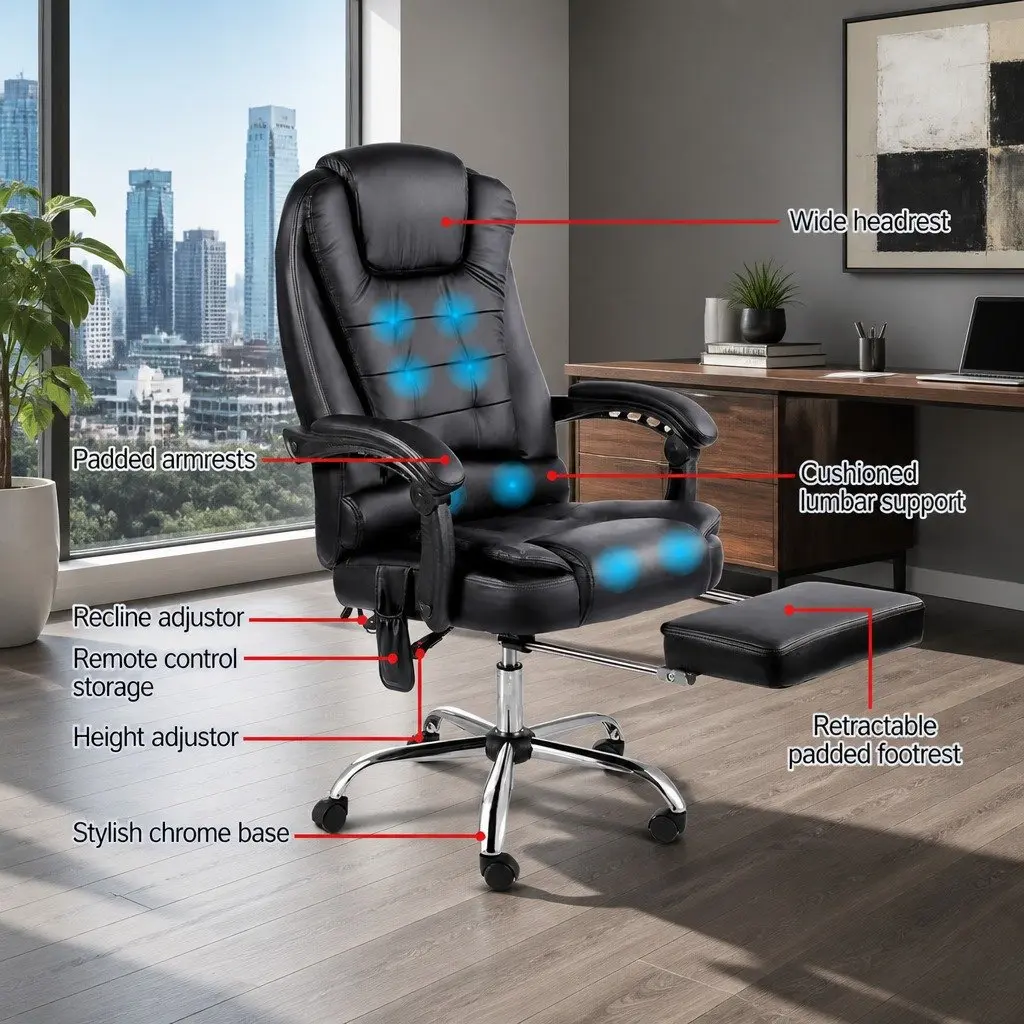 Massage Chair High Back PU Leather 8 Point Swivel Executive Desk Seat Black