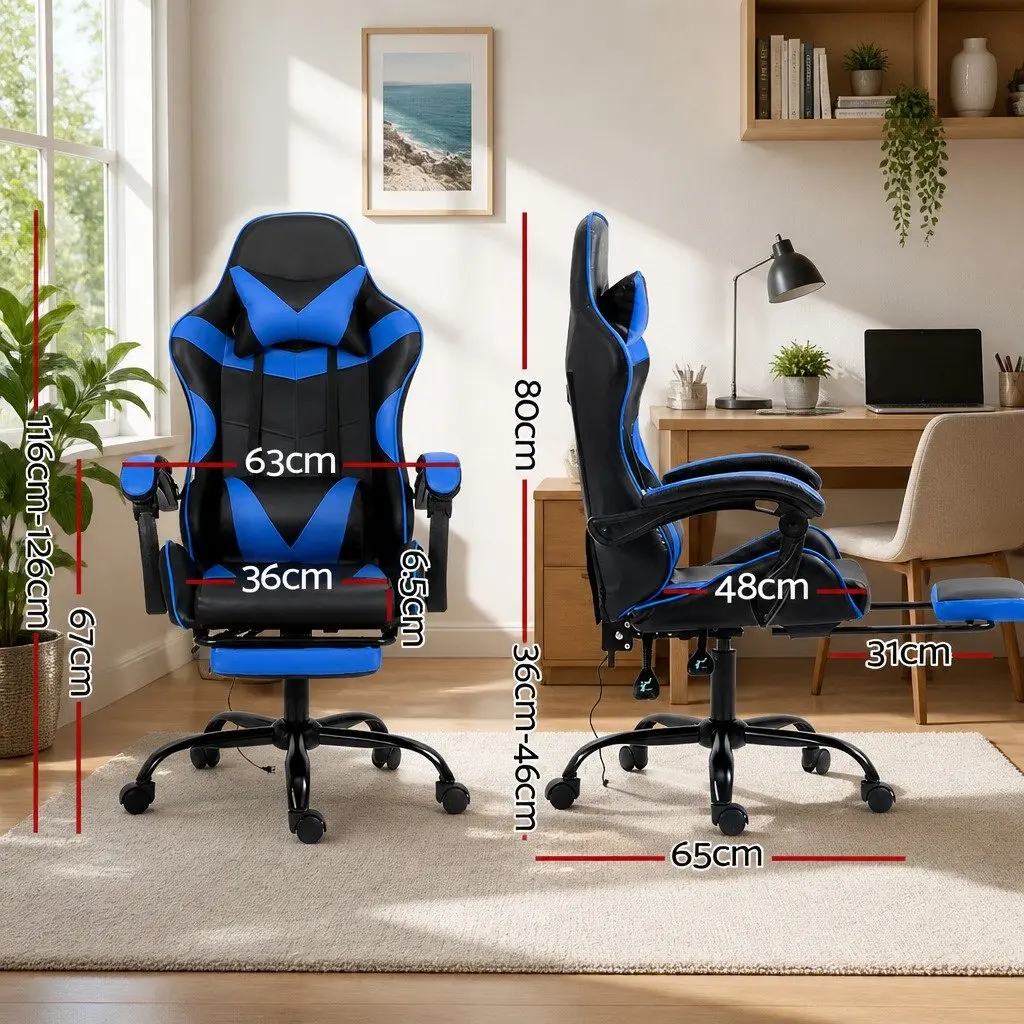 Massage Chair Ergonomic PVC Leather Blue with Footrest 2 Point Vibration