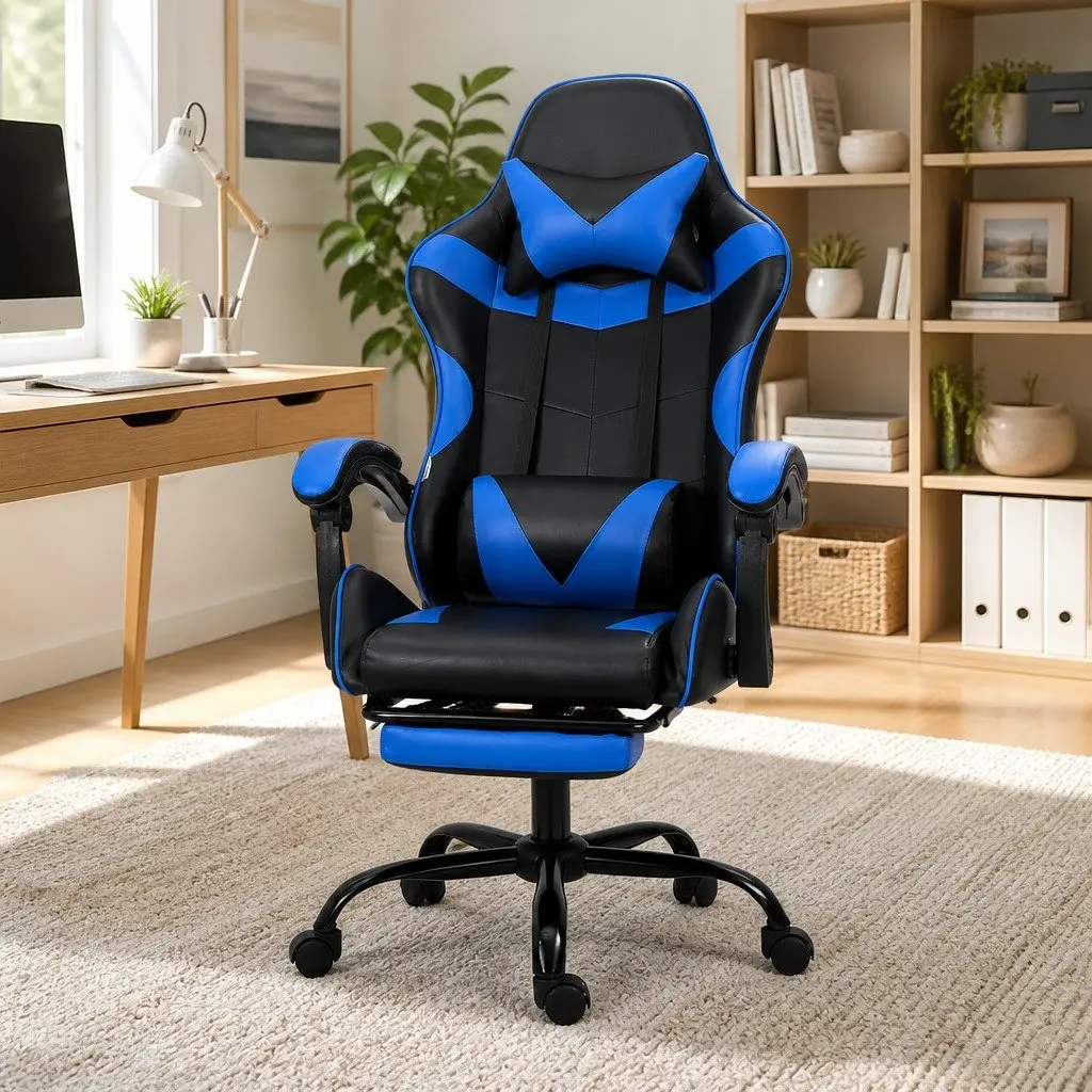 Massage Chair Ergonomic PVC Leather Blue with Footrest 2 Point Vibration