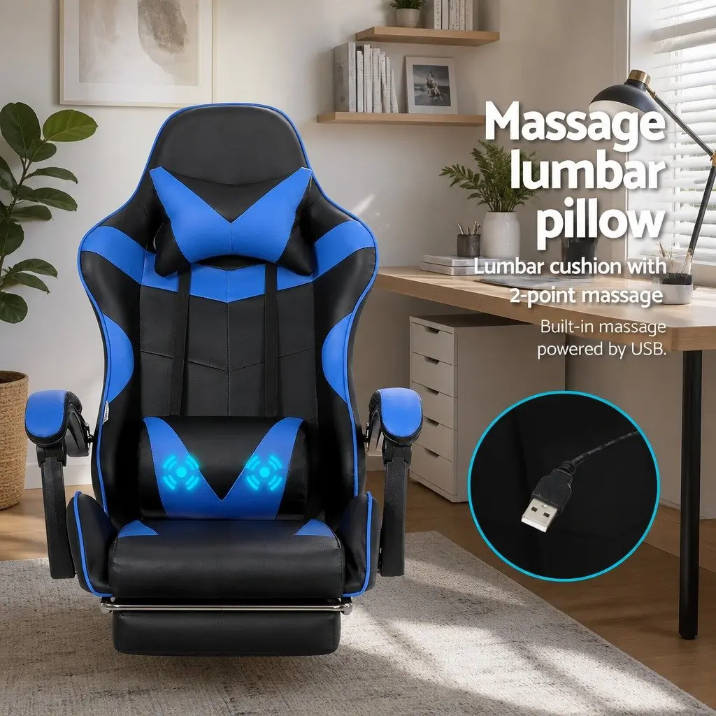 Massage Chair Ergonomic PVC Leather Blue with Footrest 2 Point Vibration