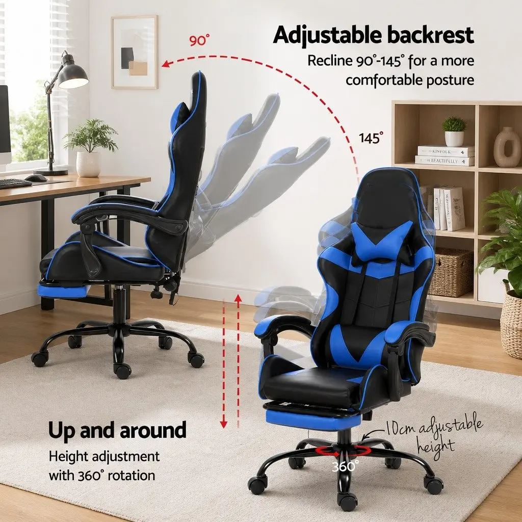 Massage Chair Ergonomic PVC Leather Blue with Footrest 2 Point Vibration