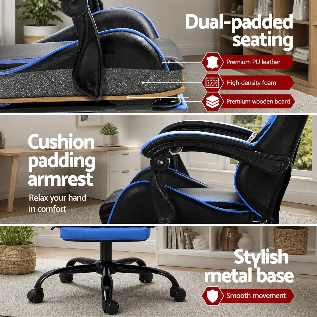 Massage Chair Ergonomic PVC Leather Blue with Footrest 2 Point Vibration