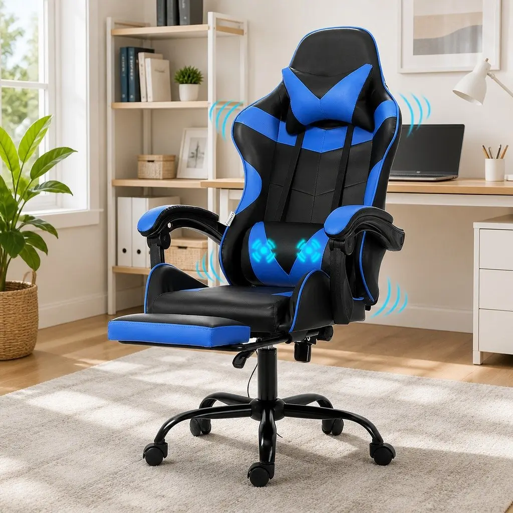 Massage Chair Ergonomic PVC Leather Blue with Footrest 2 Point Vibration