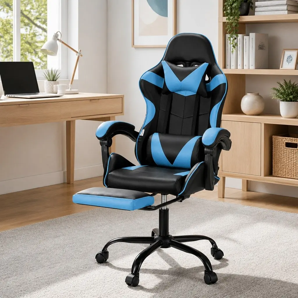 Massage Chair Ergonomic PVC Leather Cyan Blue Reclining Seat with Footrest