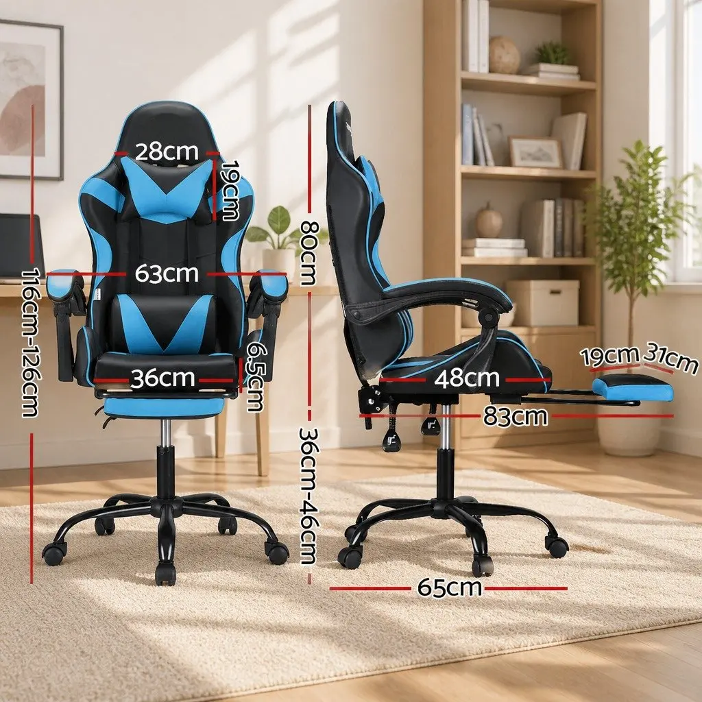 Massage Chair Ergonomic PVC Leather Cyan Blue Reclining Seat with Footrest