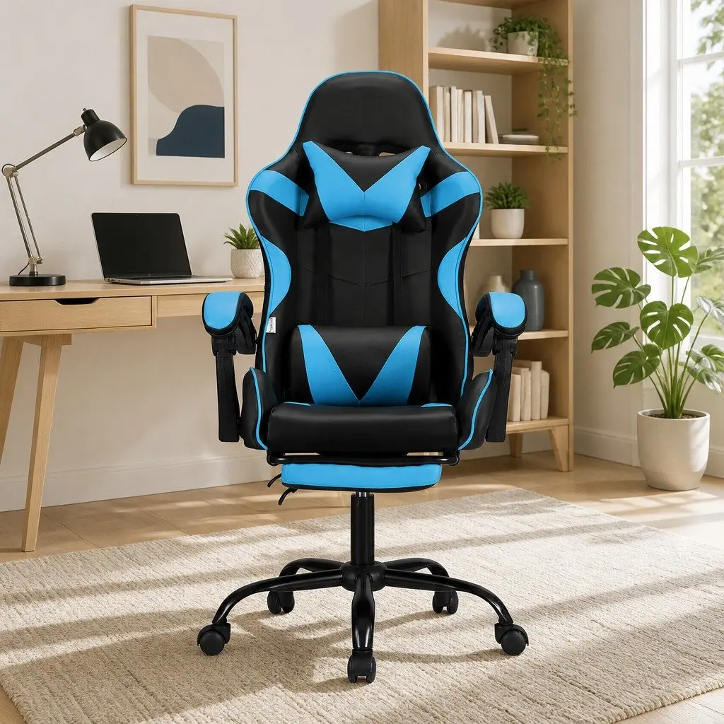 Massage Chair Ergonomic PVC Leather Cyan Blue Reclining Seat with Footrest