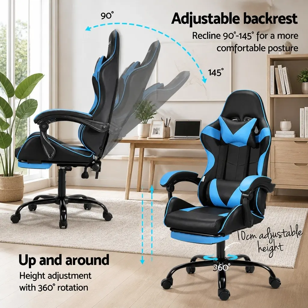 Massage Chair Ergonomic PVC Leather Cyan Blue Reclining Seat with Footrest